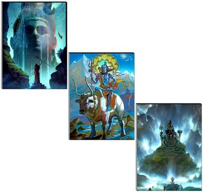 RAC Set of 3 Shankar Bhagwan 12X27 Inch MDF Wall Art Painting Digital Reprint 12 inch x 27 inch Painting