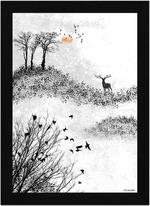 FRIZZY ARTS Twilight Silence – Monochrome Deer in Misty Forest A4 Digital Reprint 13 inch x 10 inch Painting