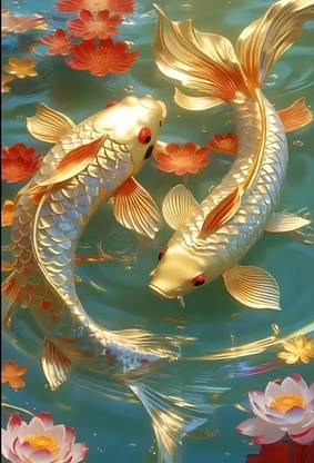 ASHIT Golden Harmony – Feng Shui 2 Lucky Fishes Wall Art (A4, Black Frame) Digital Reprint 14 inch x 10 inch Painting