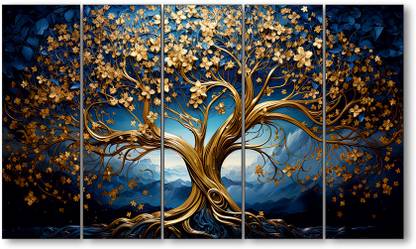 TheCastleDecor Golden trees Set of 5 Big Size Multiple Frames Wall Painting Natural Colors 48 inch x 28 inch Painting