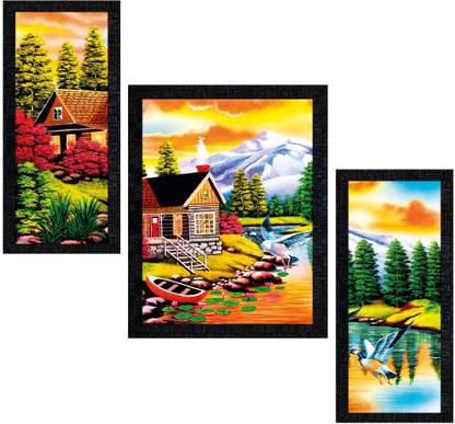 Poster N Frames Landscape Scenery Set of 3 with Acrylic Sheet (Glass) painting-1601 Digital Reprint 13.5 inch x 10.5 inch Painting