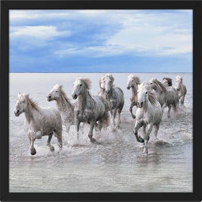 Ritwika's Nine Running Horse Wall Art Vastu Motivational Framed Digital Reprint 13.5 inch x 13.5 inch Painting