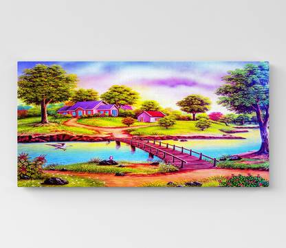 GIFTMASTER Beautiful Natural Scenery Of Village With River Bank Painting Wall Art Frame Canvas 14 inch x 28 inch Painting