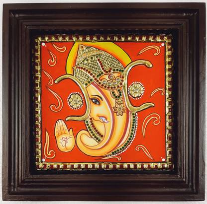 JlineArts Ganesha Tanjore Painting, Traditional Artwork , Handmade Canvas 10 inch x 10 inch Painting
