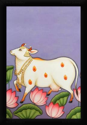 Braj Art Gallery Pichwai Painting Four Kamdhenu in Kamal Talai Photo Frame Digital Reprint 19.5 inch x 13.5 inch Painting