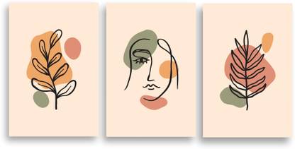 MUET Mid Century Leaves Face Line Boho Art Print-CANVAS material-(Set of-3) Ink 18 inch x 12 inch Painting
