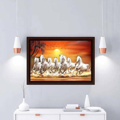 WALLSTOXX 7 Running Horses Vastu UV Textured 11 inch x 14 inch Painting (With Frame) Digital Reprint 18 inch x 12 inch Painting