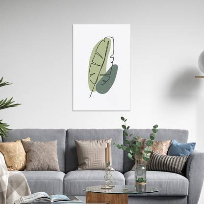 Wallfe Leaf Abstract Line Pine Wood Vertical Shape Green Black Modern Wall Art Painting Canvas 24 inch x 16 inch Painting