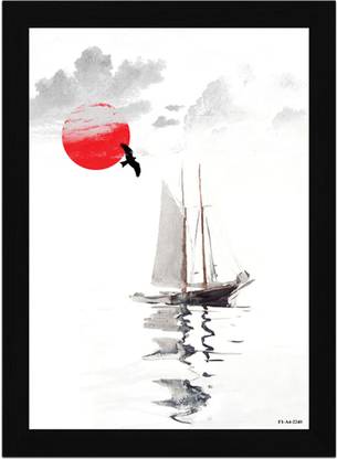 FRIZZY ARTS Red Sun Voyage – Minimalist Sailboat and Bird Watercolor Digital Reprint 20 inch x 14 inch Painting