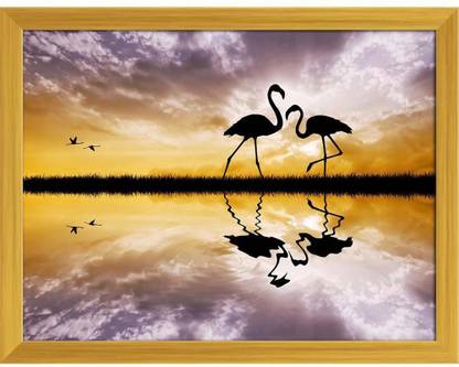 Artzfolio Pink Flamingos In Love Canvas Painting Golden Frame 15.6x12inch (40x30cms) Canvas 12 inch x 15.6 inch Painting
