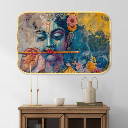 saf God Krishna Crystal Embedded High Gloss Surface with Golden Frame Digital Reprint 18 inch x 12 inch Painting
