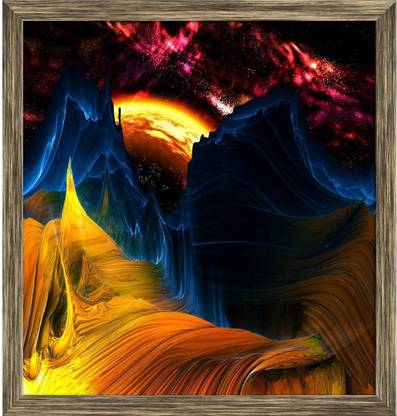 Artzfolio Alien Mountains With Space & A Red Yellow Planet Framed Painting 20x21.2inch Canvas 21.2 inch x 20 inch Painting
