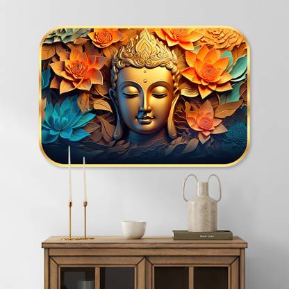 saf Lord Buddha Crystal Embedded High Gloss Surface with Golden Frame Digital Reprint 18 inch x 12 inch Painting