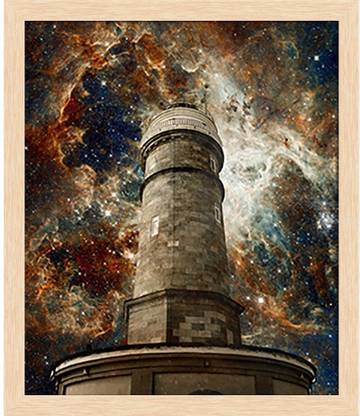 Artzfolio Santander Lighthouse And The Tarantula Nebula Framed Wall Art Painting Print Canvas 13.9 inch x 12 inch Painting