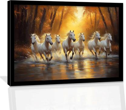 Rainbow Arts 7 Horses Vastu Frame Wall Art Painting for Living Room Bedroom Office | Digital Reprint 13 inch x 10 inch Painting