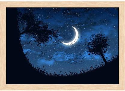 Artzfolio Sky With Stars & Moon Canvas Painting Natural Brown Frame 17x12inch (43x30cms) Canvas 12 inch x 17 inch Painting