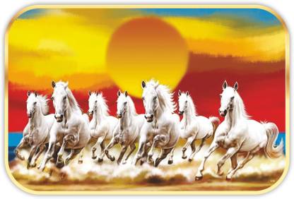 saf 7 Running Horses Sparkle lamination Round Golden Framed Large Painting Digital Reprint 20 inch x 14 inch Painting
