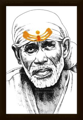 Braj Art Gallery Shirdi Saibaba B&W Pencil Sketch Portrait Photo Frame Digital Reprint 19.5 inch x 13.5 inch Painting