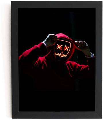 TheKarkhana Dark Mode Neon Mask Hooded Red Man Laminated Without Glass Digital Reprint 12 inch x 8 inch Painting