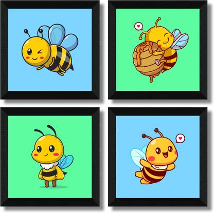 saf Set of 4 Little Cute Honeybee Painting for Kids Room ,Study Room And School Digital Reprint 10 inch x 10 inch Painting