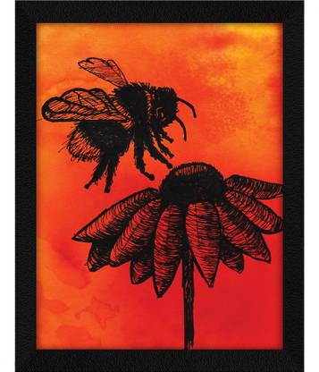 ArtX Abstract Line Art Bee Sunflower Frame Wall Art Painting For Home Decorative Ink 13 inch x 10 inch Painting
