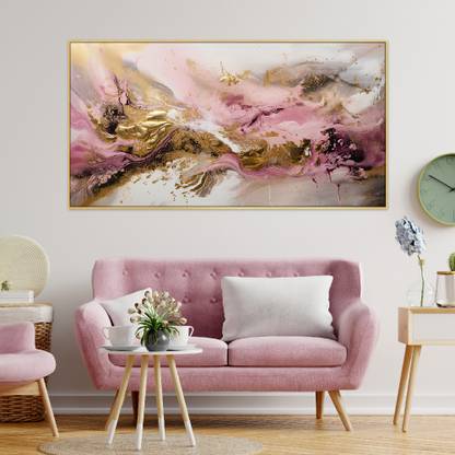 Dekorstation Abstract Background Pink and Gold Colorful Floating Frame Canvas Wall Painting Canvas 24 inch x 48 inch Painting