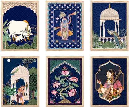 Artifly Set of 6 Framed Pichwai art Paintings for Living Room and wall decor pichwai02 Digital Reprint 13 inch x 10 inch Painting