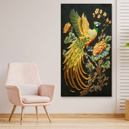 Dekorstation Modern Art Golden Peacock Oriental Luxury Style Canvas Framed Wall Painting Canvas 24 inch x 12 inch Painting