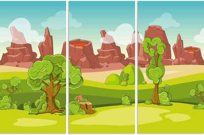 Artzfolio Cartoon Nature Landscape With Trees Split Painting 30 x 20 inch (76 x 51 cms) Digital Reprint 20 inch x 30 inch Painting