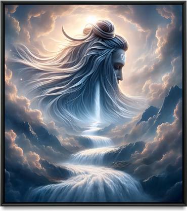 Decave Lord Shiva Bringing Ganga to Earth AI-Generated Painting 20x20 Inch Black Frame Digital Reprint 51 inch x 51 inch Painting