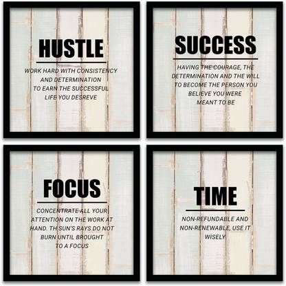 Motivational Hustle Quotes Wall Art Paintings - Framed Wall Posters - Framed Painting / Hangings (11x11 Inch) Set of 4, White Paper Print
