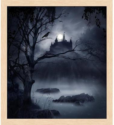 Artzfolio Castle In A Swamp In A Dark Night Framed Wall Art Painting Print Canvas 17.9 inch x 16 inch Painting
