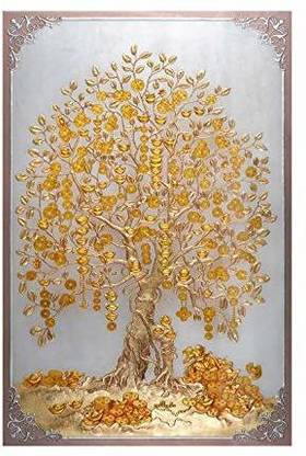 Dharvika Innovations Beautiful Golden Tree Painting Sparkle Coated Self Adhesive Wallpaper Without Frame Digital Reprint 36 inch x 24 inch Painting