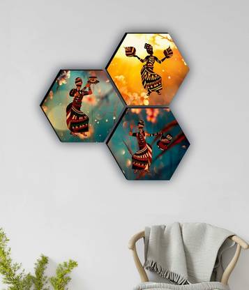 saf SET OF 3 HEXAGON MODERN ART Embossed 17 inch x 17 inch Painting