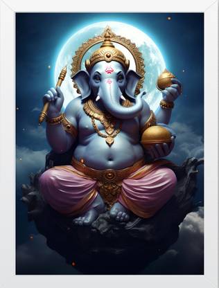 ArteVisio Ganesha’s Lunar Splendor - A Divine Portrait Wall Art Frame | Home Office Decor Digital Reprint 14 inch x 10 inch Painting