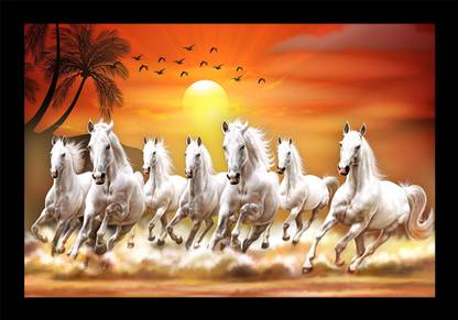 shivang craft 7 hourse with birds and tree painting_SNC Digital Reprint 14 inch x 20 inch Painting