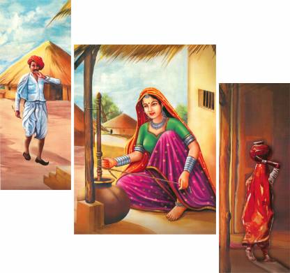 WALLMAX Set of 3 Rajasthani Culture Gift Item painting Digital Reprint 12 inch x 18 inch Painting
