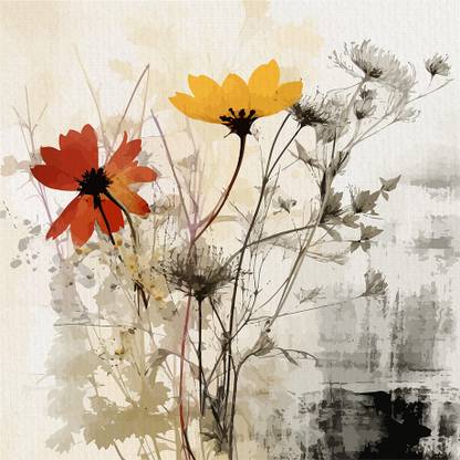 Wallfe Floral Vector Pine Wood Square Shape Red & Yellow Boho Modern Wall Art Paintings Canvas 16 inch x 16 inch Painting