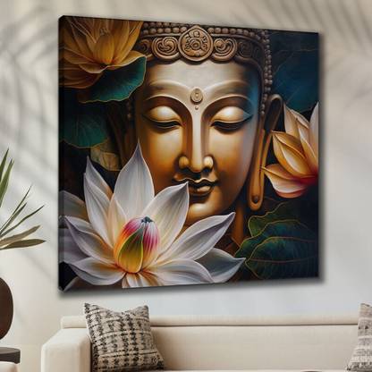 saf Wooden Framed Lord Buddha Canvas Wall Painting for Home Décor and Office Digital Reprint 16 inch x 16 inch Painting