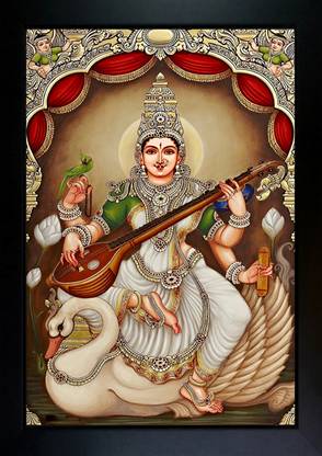 CrowdHall Saraswati Mata Photo Frame | Saraswati Maa Photo Digital Reprint 13.5 inch x 10 inch Painting