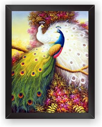 SAJAOHATKE Peacock white Blue Digital Reprint 13.5 inch x 10.5 inch Painting