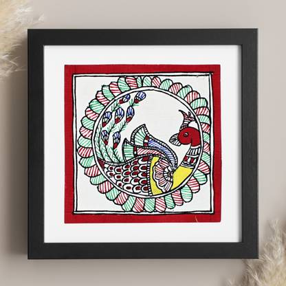 ePrashast Original Handmade Red Color Peacock Madhubani Painting With Frame (4*4) Pastel 7 inch x 5 inch Painting