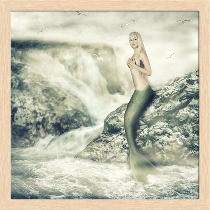Artzfolio Beautiful Mermaid Sitting On A Rock Painting Natural Brown Frame 24x24inch Canvas 24 inch x 24 inch Painting