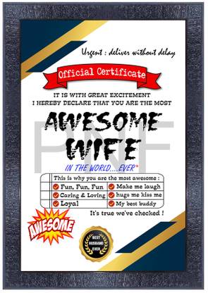 pnf Best Wife Certificate Framed with Acrylic Sheet (Glass) Digital Reprint 10.5 inch x 13.5 inch Painting