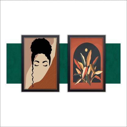 aravelli Boho Art curly hair woman painting With Frame Painting Set of 2 Digital Reprint 12 inch x 18 inch Painting