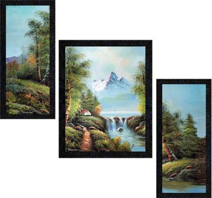Poster N Frames Landscape Scenery Set of 3 with Acrylic Sheet (Glass) painting-0185 Digital Reprint 14 inch x 22 inch Painting