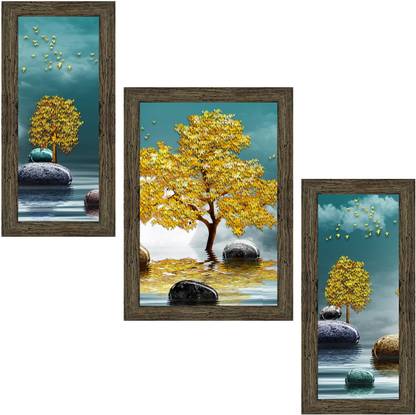 Indianara Set of 3 Abstract Art Framed (5353EBY) without glass Digital Reprint 13 inch x 10.2 inch Painting