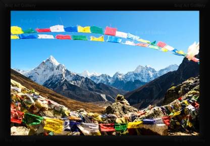 Braj Art Gallery Mount Everest View through Buddhist Prayer Flags Photo Frame Digital Reprint 13.5 inch x 19.5 inch Painting