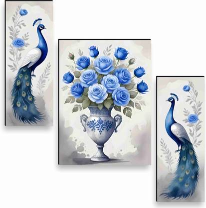 saf Peacock and Blue Rose Vase Wall Art Digital Reprint 18 inch x 12 inch Painting