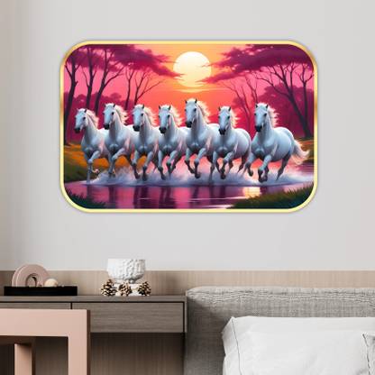 saf 7 Running Horses Sparkle lamination Round Golden Framed Large Painting Digital Reprint 20 inch x 14 inch Painting
